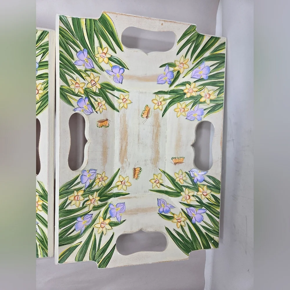Wood Serving Trays Nesting Set Of 2 Handmade-Painted Trays Holders Decor Spring